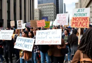 Scene of a protest advocating for immigration reform in a urban setting.