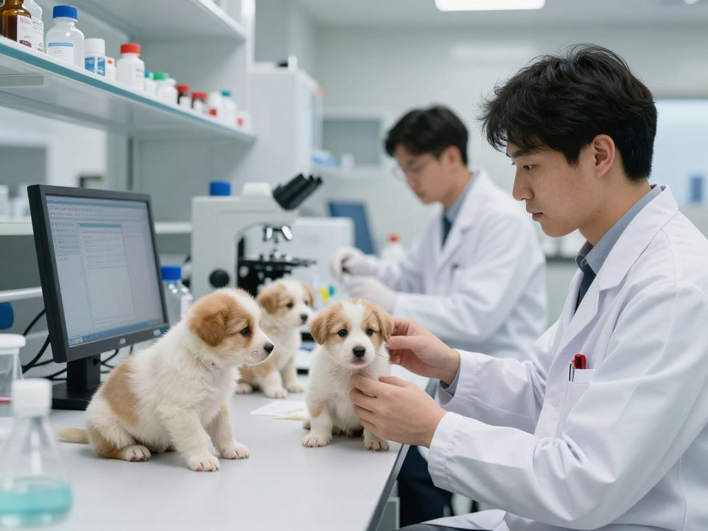 Puppies in a research environment juxtaposed with humane testing alternatives.