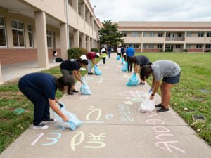Community members writing positive chalk messages at Roxborough High School