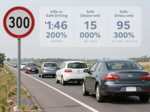 Illustration of diverse drivers practicing safe driving habits on a road.
