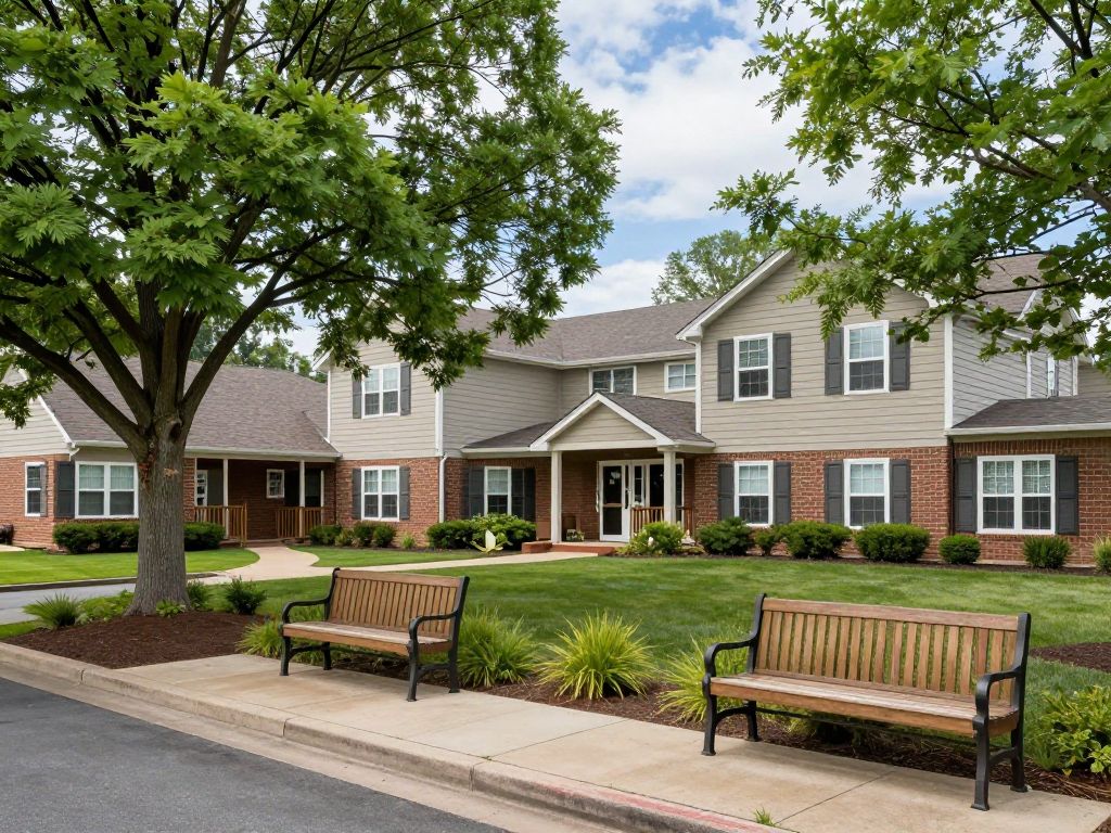Exterior view of a senior living community with trees and benches