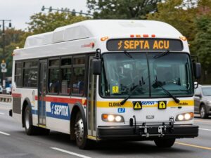 SEPTA bus driving on I-76 with a focus on transportation safety.