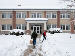 Philadelphia school building covered in snow with blocked entrances and hazardous conditions outside