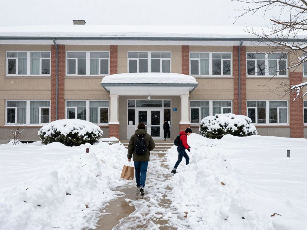 Philadelphia school building covered in snow with blocked entrances and hazardous conditions outside
