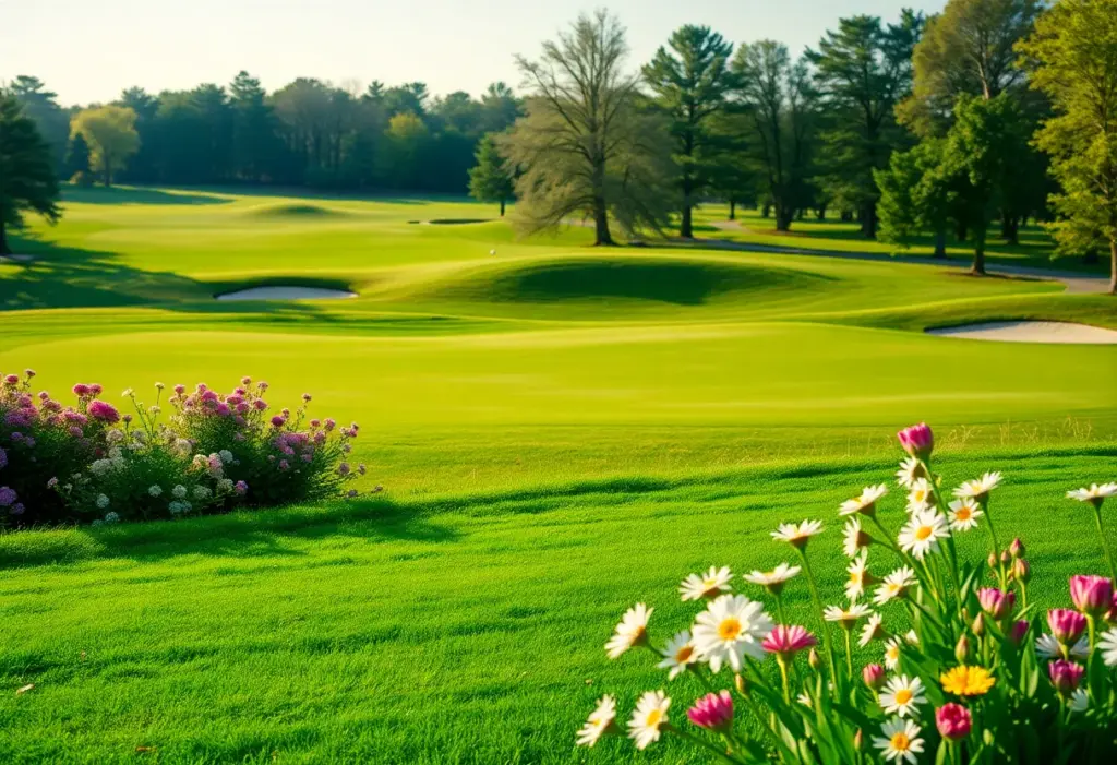 A beautiful spring golf course in Pennsylvania shining under the sun.