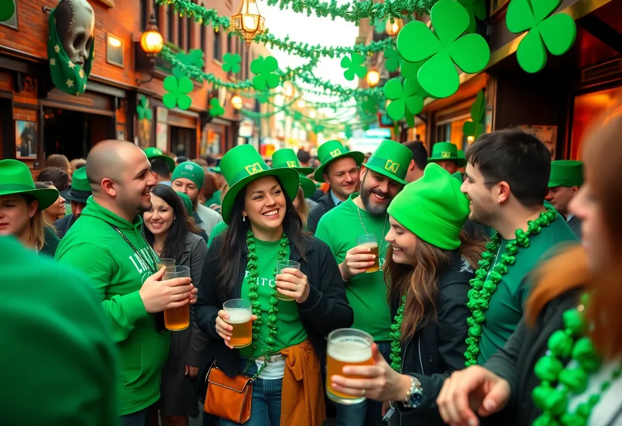 Crowd of people celebrating St. Patrick's Day in Philadelphia bar crawl