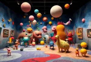 An imaginative depiction of surrealistic art activities at the Philadelphia Museum.