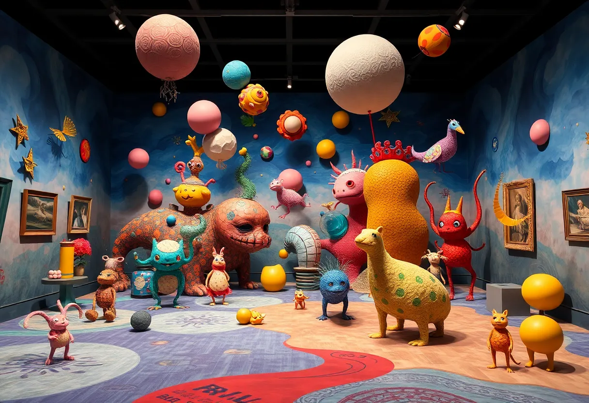 An imaginative depiction of surrealistic art activities at the Philadelphia Museum.