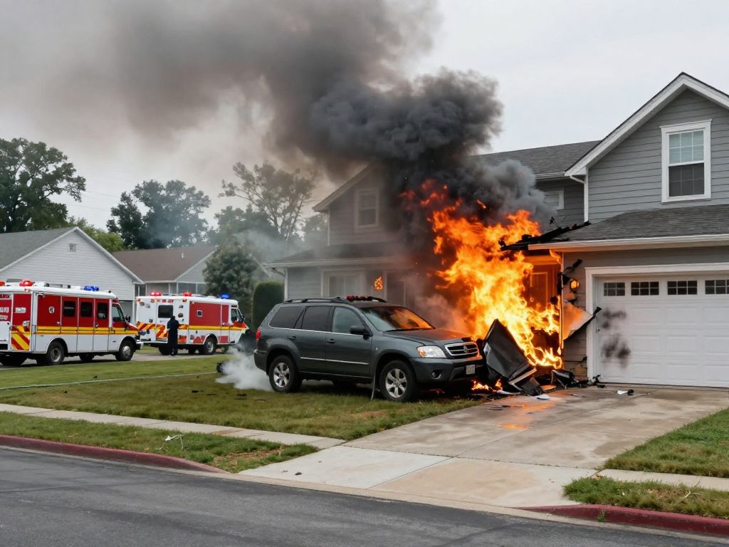Scene of an SUV crash into a house in Harrison Township with visible fire damage.