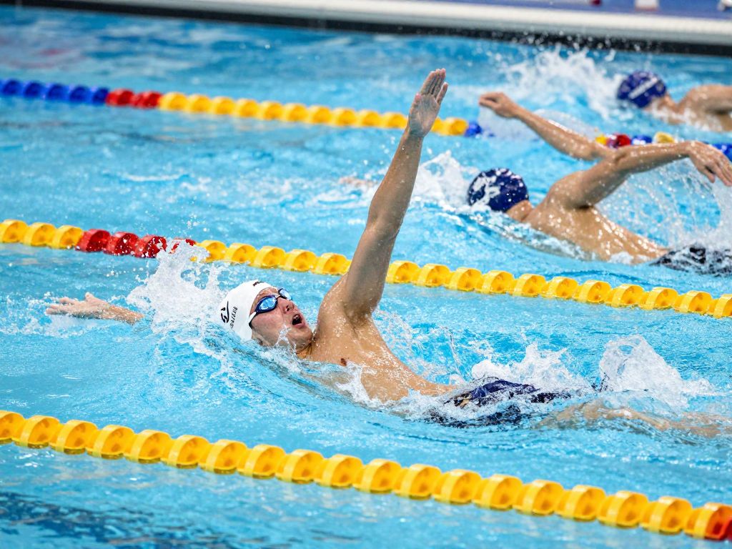 Collegiate swimmers competing in a pool