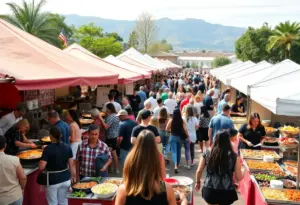 Guests enjoying a culinary festival in Philadelphia with various food stations.