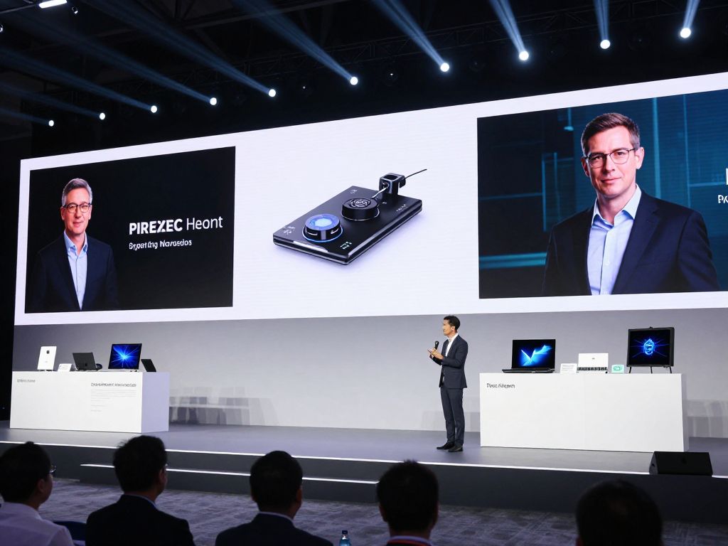 Tech conference stage with innovative hardware displays