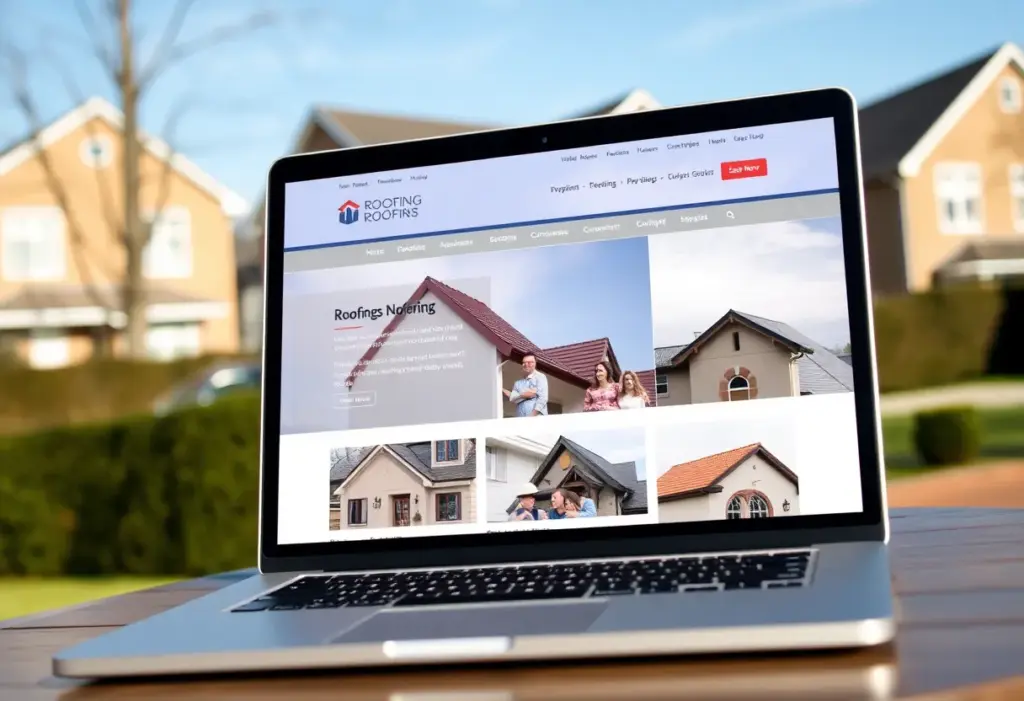 A laptop displaying Top Peak Roofing's user-friendly website showcasing roofing services.