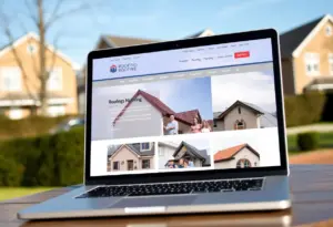 A laptop displaying Top Peak Roofing's user-friendly website showcasing roofing services.