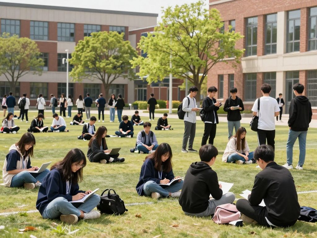 Students engaging in academic activities on a university campus