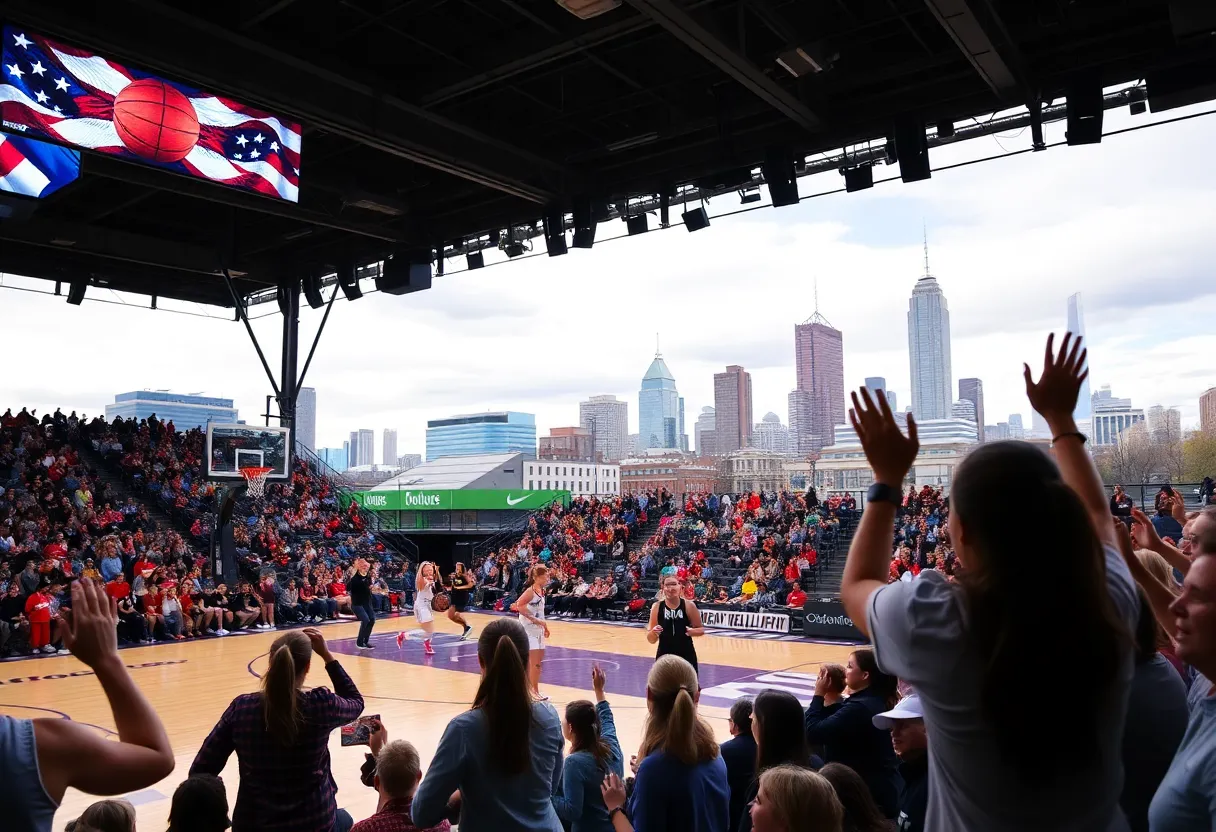 Fans cheering at the Unrivaled women's basketball event in Philadelphia.