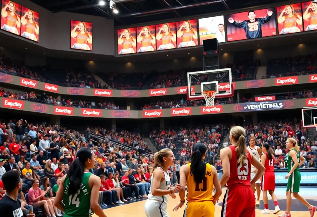 Action shot of women playing basketball in a packed arena
