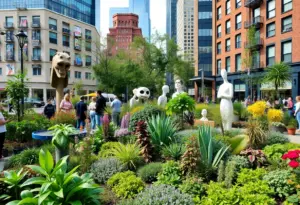 A lively urban garden in Philadelphia showcasing greenery and art.