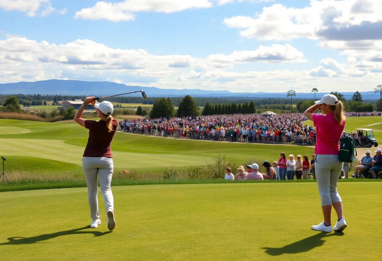 Golfers practicing at a scenic golf course for the U.S. Women's Open