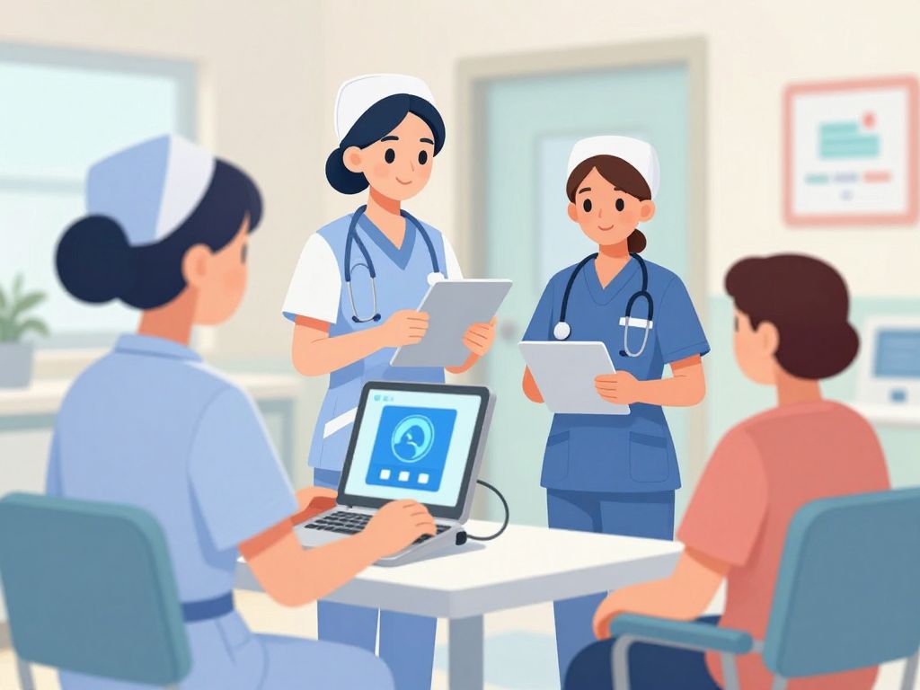 Illustration of virtual nursing care with nurses using technology for patient monitoring.