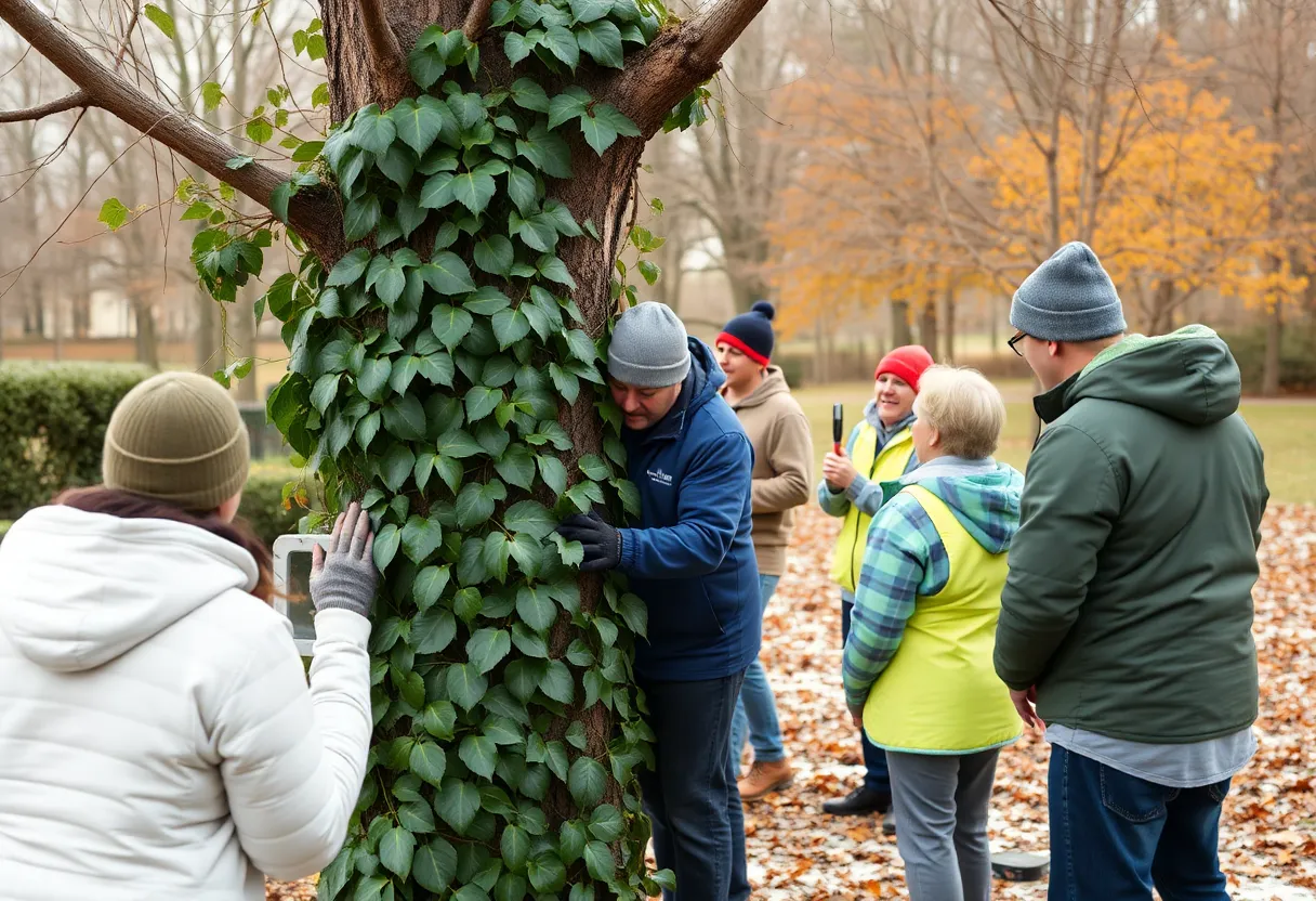 Community volunteers participating in invasive species removal