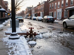 Flooded snowy street in Point Breeze, Philadelphia due to water main break