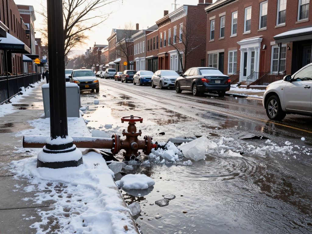 Flooded snowy street in Point Breeze, Philadelphia due to water main break