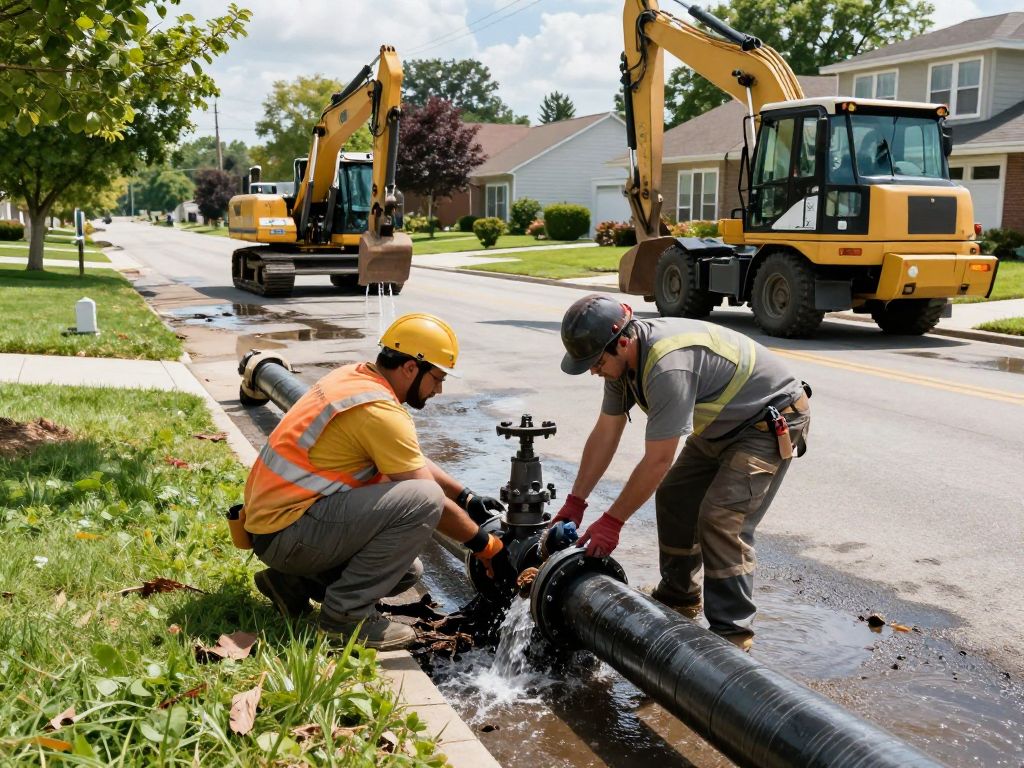 Utility workers repairing a water main in Bristol, Pennsylvania
