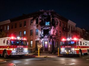 Damage caused by fire at an apartment building in West Philadelphia