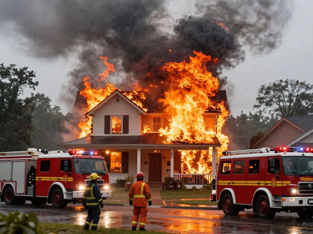 House fire in Wilmington during a storm with emergency responders