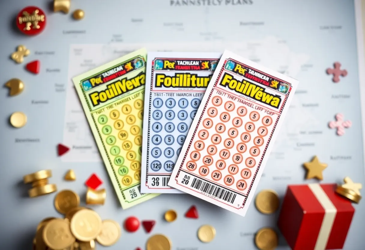 Three vibrant scratch-off lottery tickets from Pennsylvania