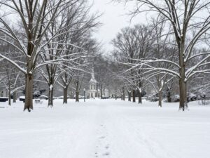 Serene winter landscape in South Jersey with snow-covered trees