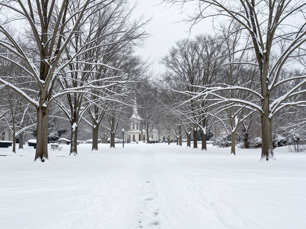 Serene winter landscape in South Jersey with snow-covered trees