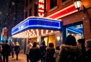 Snowy scene outside of a Philadelphia music venue