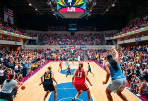 Women playing basketball in an arena during the Unrivaled event in Philadelphia