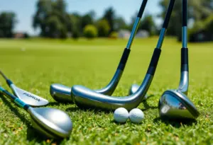 Collection of golf fairway woods on a teeing ground