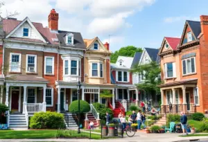 Vibrant neighborhood scene in Philadelphia with homes and local amenities.