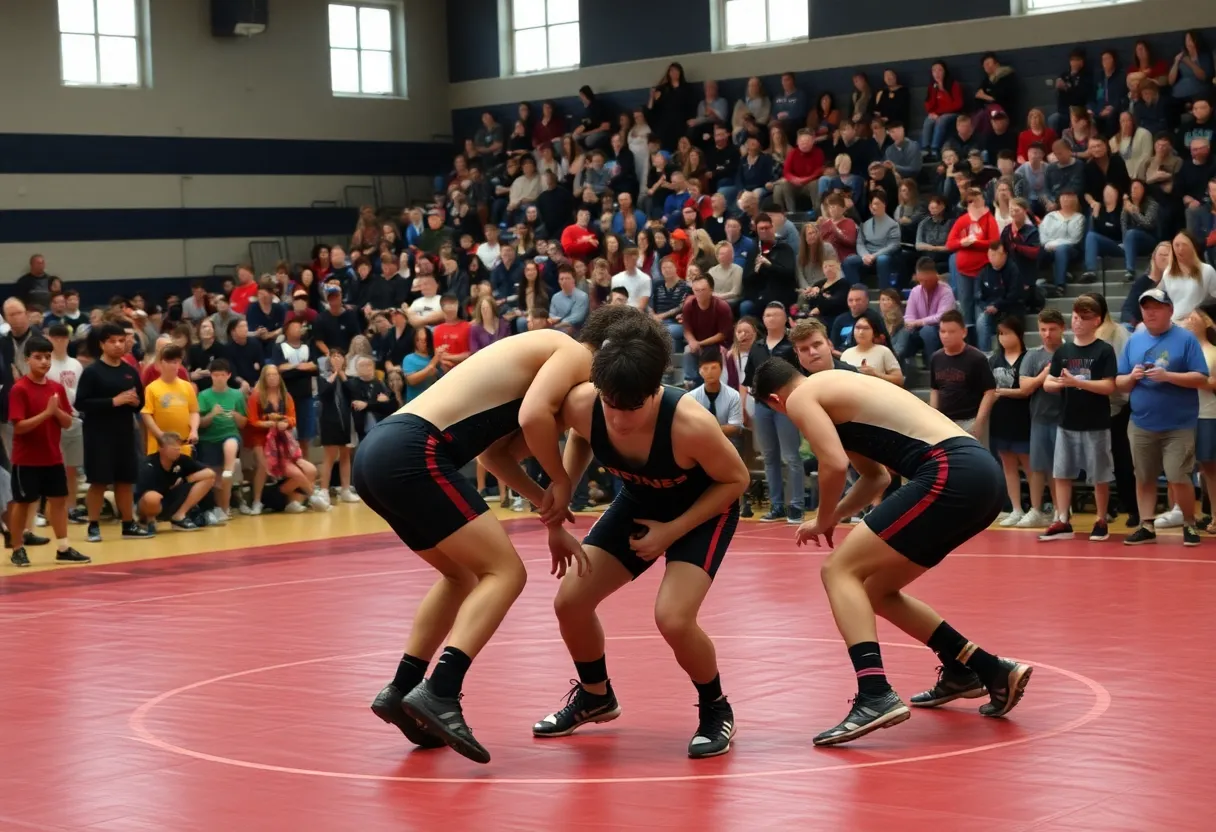 Wrestlers competing in a high school match at Boyertown
