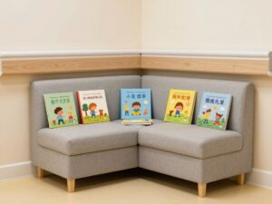 A cozy reading area in a hospital, featuring children's books and inviting seating