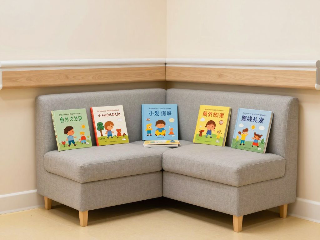 A cozy reading area in a hospital, featuring children's books and inviting seating