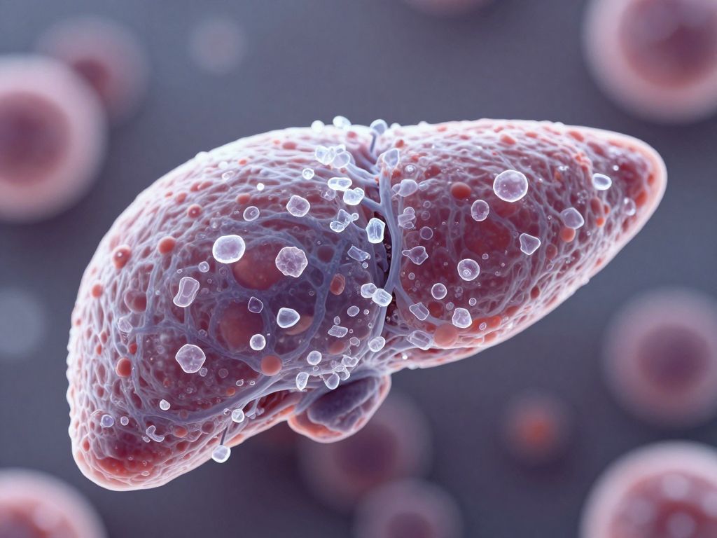 Microscopic view of cholesterol crystals affecting liver tissue