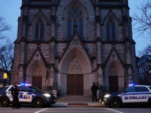 St. Irenaeus Church in Southwest Philadelphia with police presence.