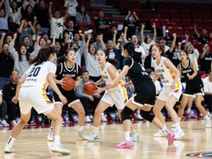 Action shot of Columbia women's basketball team during a game