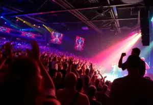 Crowd enjoying a concert in Connecticut with colorful lights