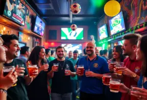 Philadelphia bar crawl event celebrating the FIFA World Cup with fans enjoying drinks and live entertainment.
