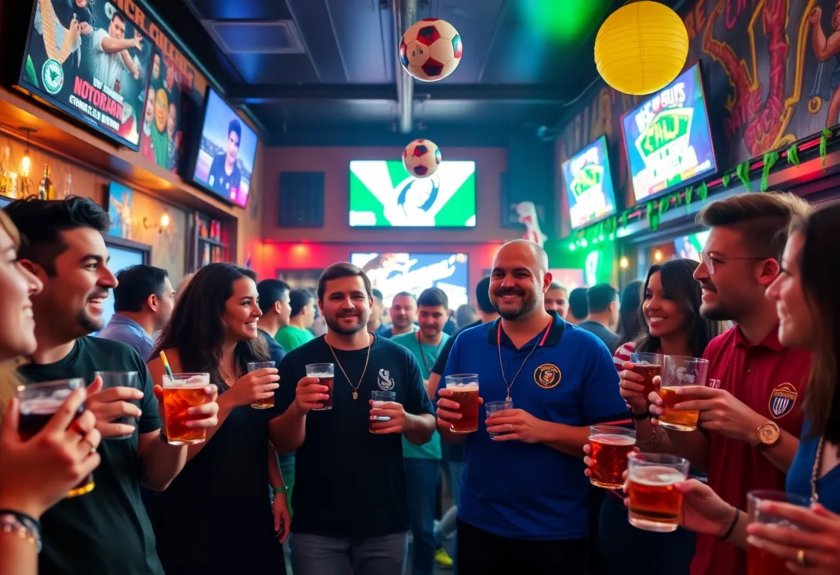 Philadelphia bar crawl event celebrating the FIFA World Cup with fans enjoying drinks and live entertainment.