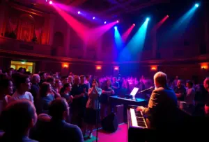 Audience enjoying Elton John tribute concert with colorful stage lights