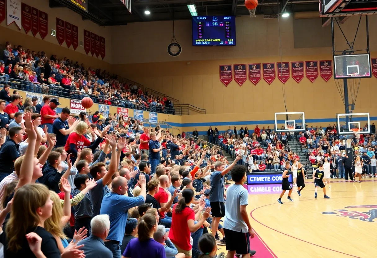 Exciting moment during the EPC basketball tournament with fans cheering in the background.