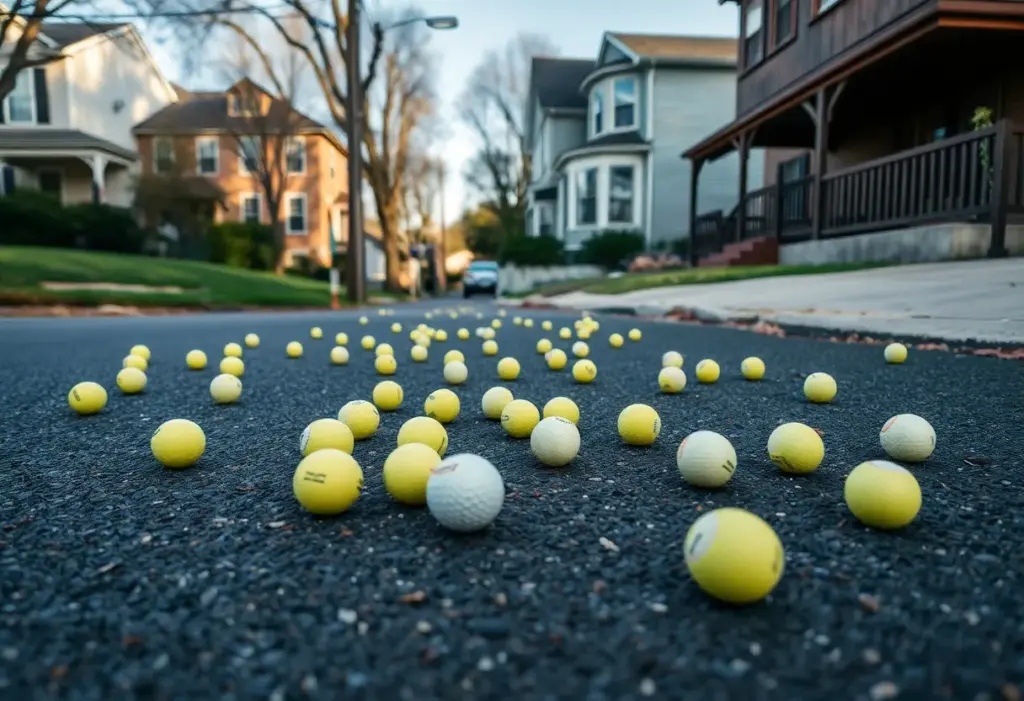 Golf balls near a damaged residential property in Roxborough, Philadelphia