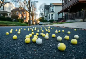 Golf balls near a damaged residential property in Roxborough, Philadelphia